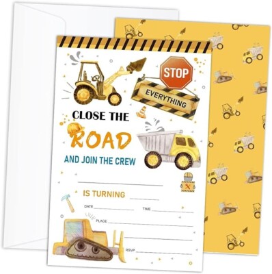 20 Construction Birthday Party Invitations with Envelopes Boys Dump Truck Cards
