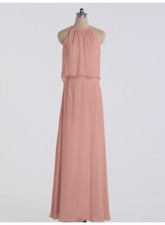 David's Bridal Sz. 0 Long Flounced Halter Crinkle Chiffon Bridesmaid Gown Sedona