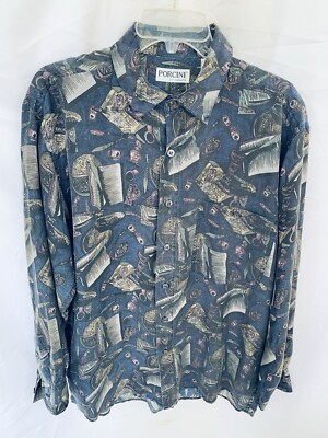 Vintage Porcini By Brigata Retro Abstract 100% Silk Button Down Longsleeve S