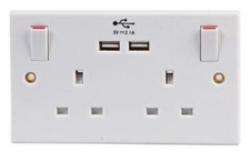 Double UK 3-Pin Switched Wall Electrical Outlet with 2 USB Charger Ports
