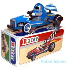 Robot Astronaut Racer Tin Toy Car Windup Blue