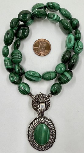 CAROLYN POLLACK STERLING 925 GREEN MALACHITE TOGGLE ENHANCER NECKLACE (T223) - Picture 2 of 12