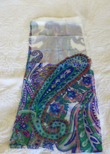 Boho Silk Chiffon Scarf JONES New York Green and Blue paisley 10"x56" P14