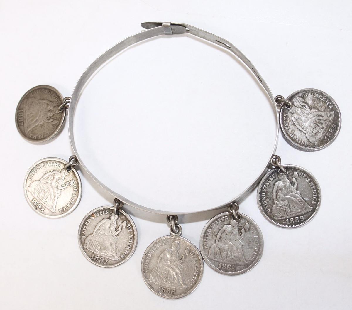 1800's Victorian Silver Love Token Bracelet 7 Silver Coins Seated