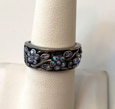 Lia Sophia Garden Party Blue AB Rhinestone Flower Band Ring Silver Tone 474
