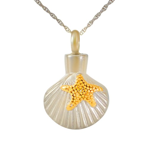 Gold Starfish on Stainless Steel Shell Pendant Funeral Cremation Urn w/Necklace
