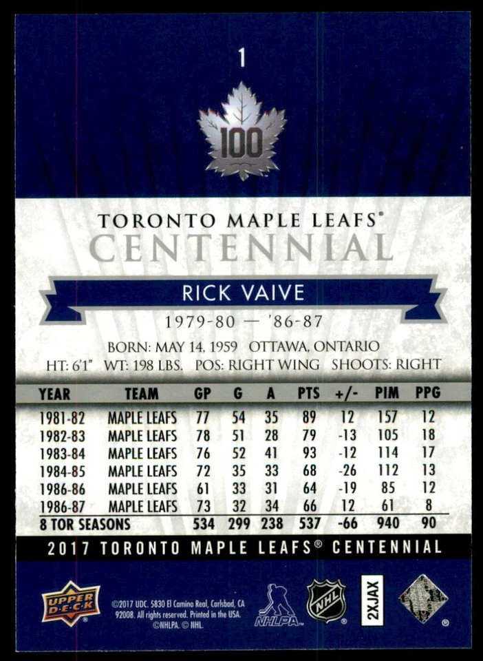 2017-18 Upper Deck Toronto Maple Leafs Centennial Base Rick Vaive #1 - Image 2 of 2