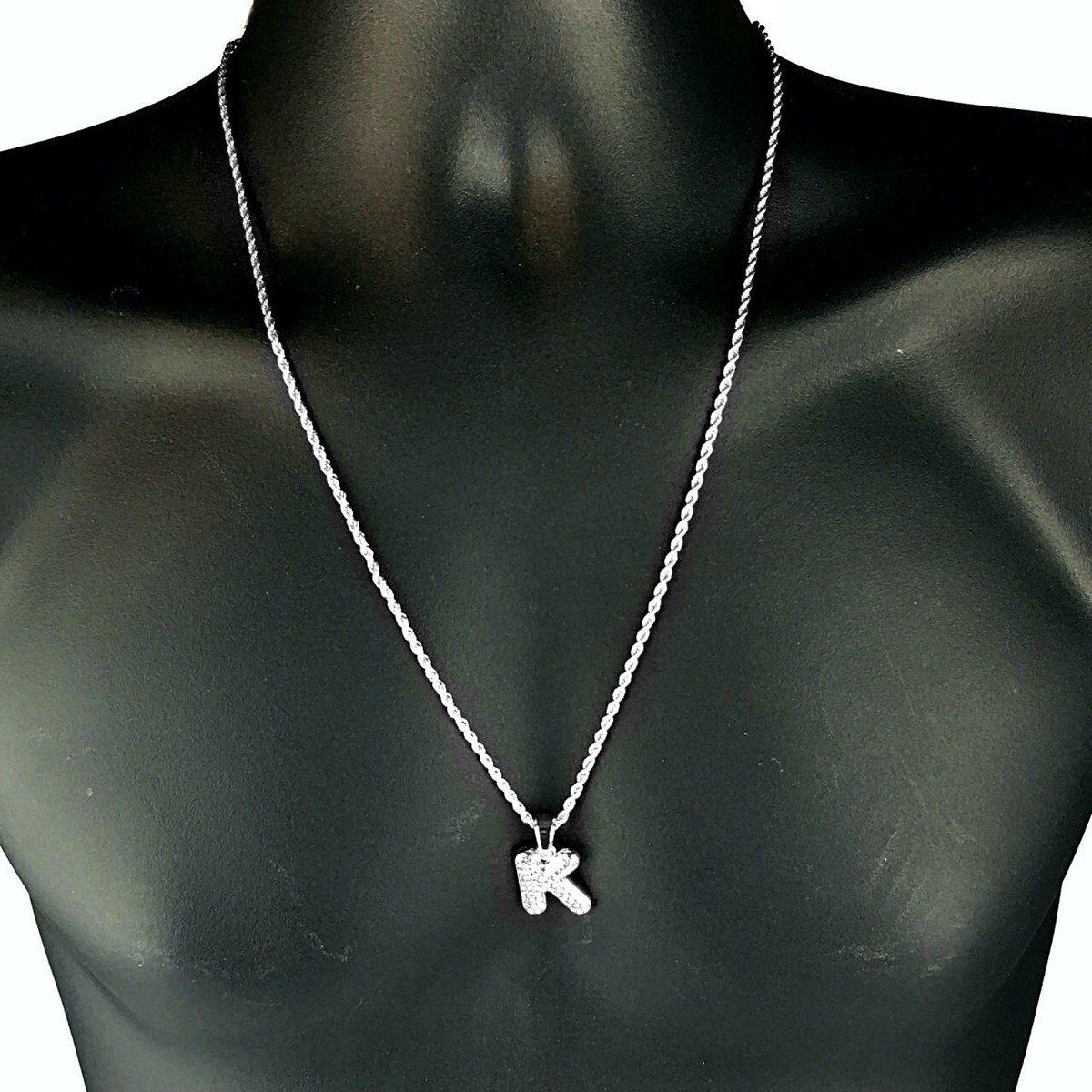 Micro Letter K Rope Chain Silver Tone Iced Initial Simulated