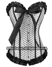 BURLESQUE WHITE DOTS SATIN LACE UP CORSET BUSTIER + A G-STRING SIZE S M L XL XXl