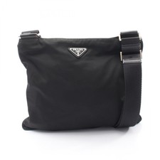 Prada Triangle Logo Nylon Saffiano Leather Shoulder Bag Women Black One Size