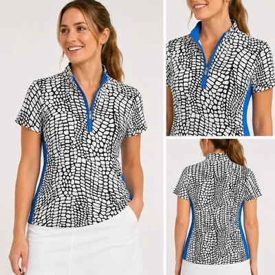 Tail Damen Golf & Tennis 1/4 Reißverschluss Top Gr. Medium schwarz & weiß Print mit blau - Bild 1 von 4
