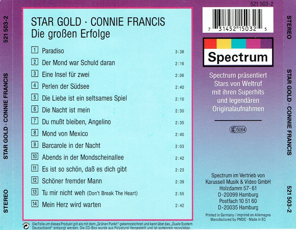 (CD) Connie Francis - Star Gold - Die Großen Erfolge - Schöner Fremder Mann - Bild 2 von 2