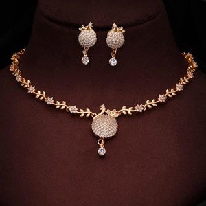 Authentic Gold Plated Pomegranate Necklace & Earrings Set Diamond Accent Floral Design
