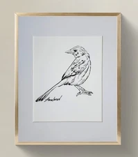 Original Ink Bird Drawing on Watercolor Paper_ Minimalist Art Signed by Artist