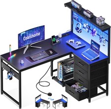 L Shaped Gaming Desk with Drawers & Shelf, 110 × 80 cm Reversible Corner Comput