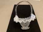Vintage Fenton white Opalescent Hobnail Glass Mini Basket 6" w/label