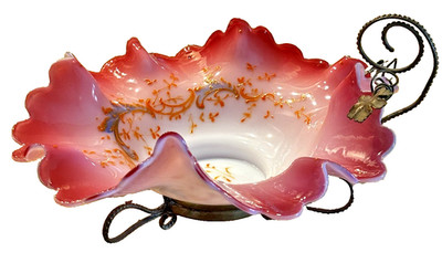Antique Victorian Brides Basket Pink Satin Cased Glass Ruffled Bowl Brass Stand