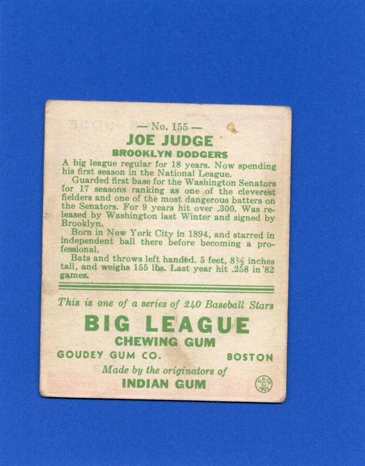 1933 Goudey, Joe Judge # 155, Brooklyn Dodgers - Image 2 of 2
