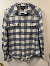 Lucky Brand Men's Medium Saturday Stretch White /Blue Pearl Snap Flannel Plaid