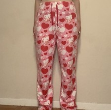 Hello Kitty Sanrio pink pajama pants with white & red hearts and strings size s