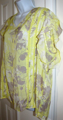 Zac & Rachel Blouse Pullover Yellow/Beige Floral Print Short-Flutter-Slev Wm. 1X