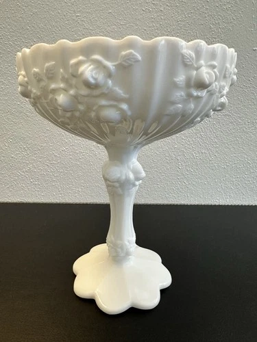 Vintage Fenton Milk Glass Cabbage Rose Compote Pedestal Dish 7.5 in Tall White