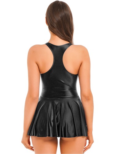 Sexy Women Shiny Gloss Sports Yoga Ballet Tank Leotard Dress Pleated Mini Skirt - Picture 73 of 110