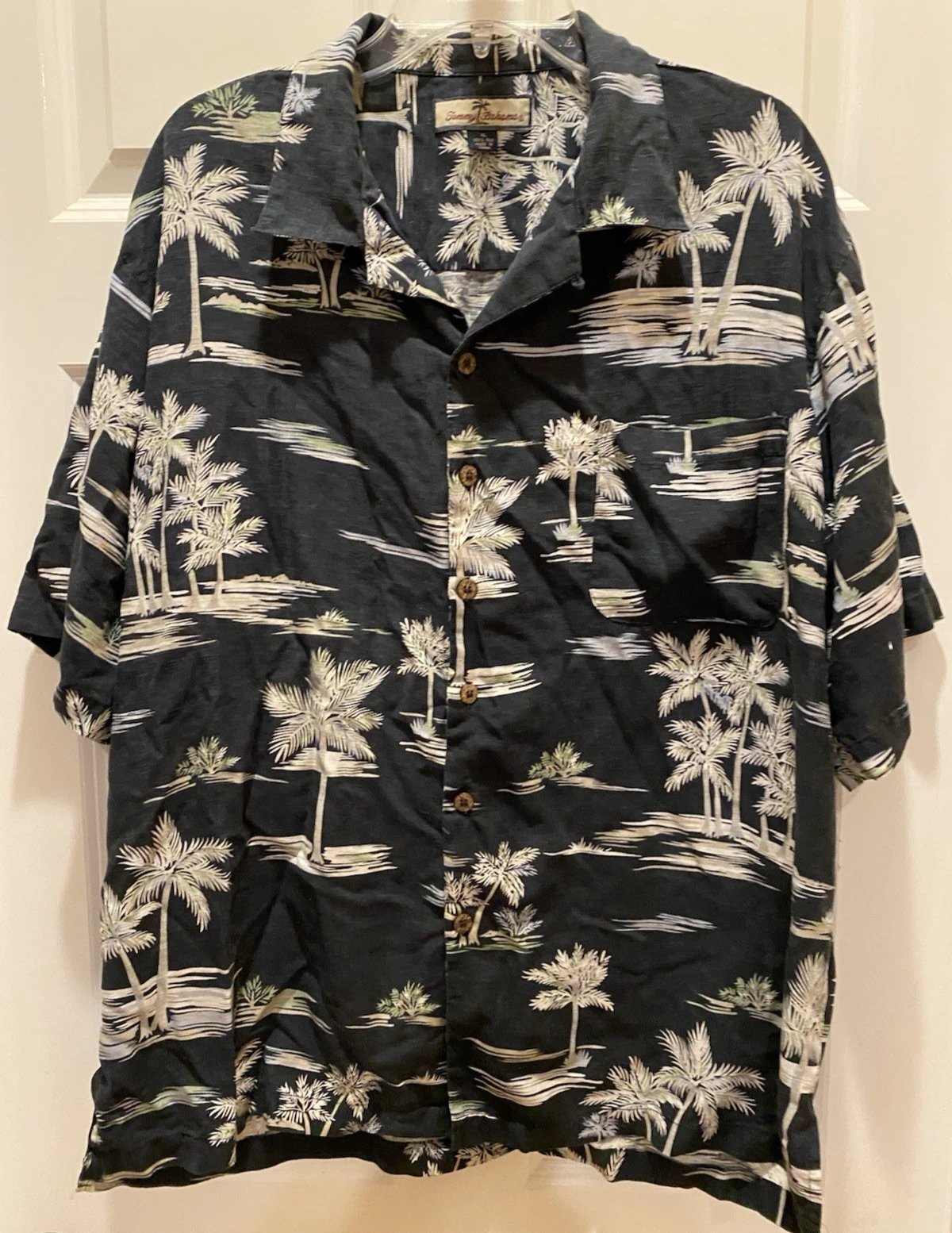 Vintage Tommy Bahama 100% Silk Palm Trees Hawaiian Shirt Mens XL Black