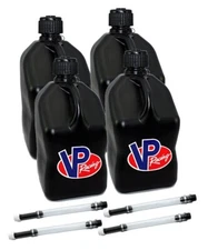VP Racing Black Square Fuel Jug Gas Can 4 Pack + 4 Fill Hoses 4x4 Racing NHRA