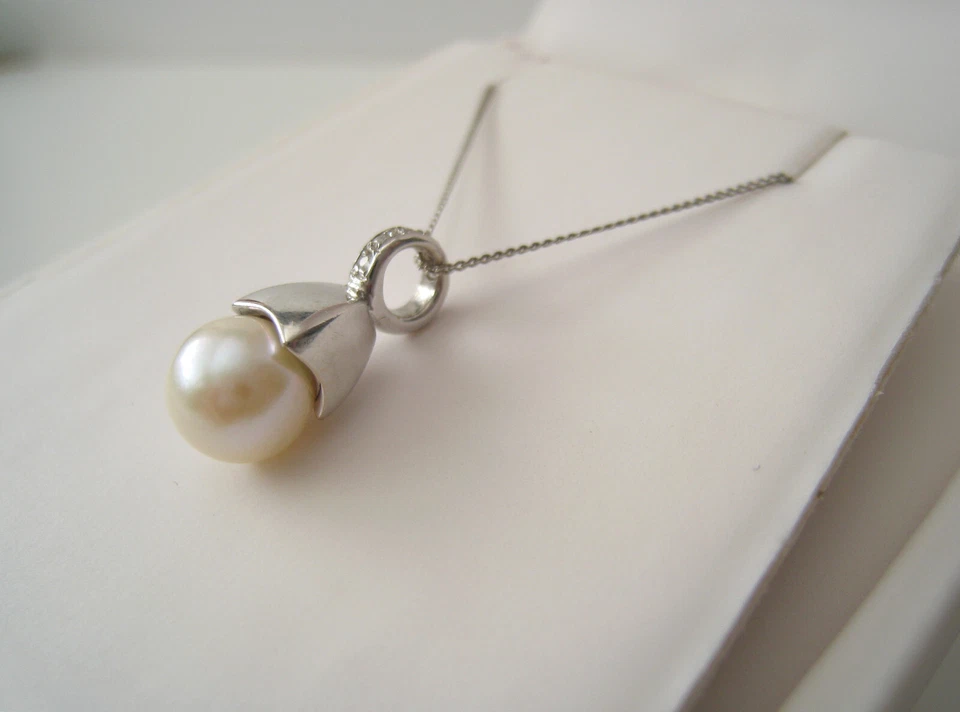 Красивый - 9CT твердого белого золота реальный жемчуг и бриллиант ожерелье с цепочкой - Изображение 2 из 4