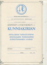Finnland: Urkunde: Medaille zugunsten von Kriegsveteranen