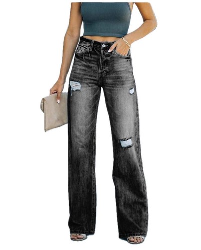 Womens Denim Jeans Wide Leg Mid Rise Trousers and Summer Casual Pants plus Wash - Picture 8 of 16