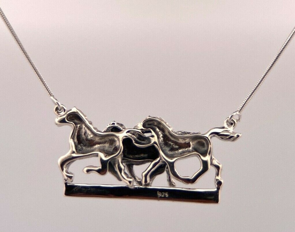 Solid Sterling Silver 925 Three Horses Necklace w… - image 5