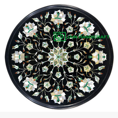 12'' Black inlay Marble center coffee Table Top pietra dura Indian handmade round