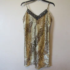 Vtg 90s Gillian & O'Malley Shiny Leopard Floral Satin Chemise Mini Slip Dress M