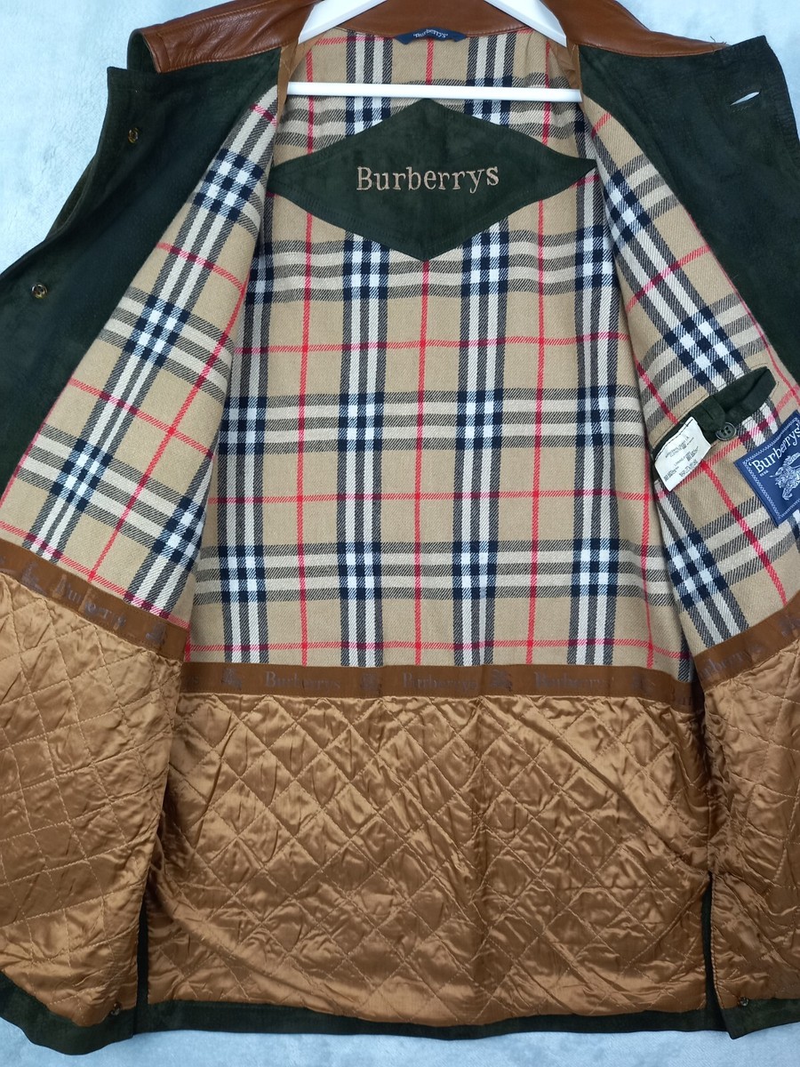Vtg 80s BURBERRYS Green Suede Leather Wool Lined Nova Check Jacket