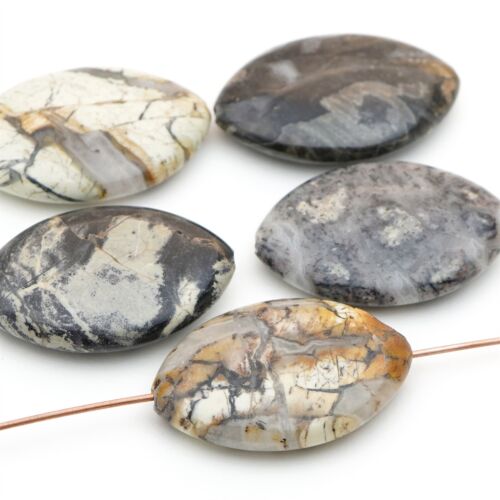 5 dark silverleaf jasper flat pointed oval beads black grey stone avg 30mm