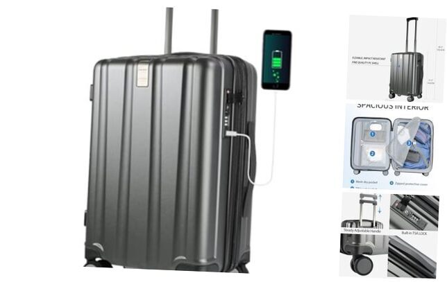 Hardside Expandable Carry On Luggage with Spinner Wheels & Built-in Steel Grey