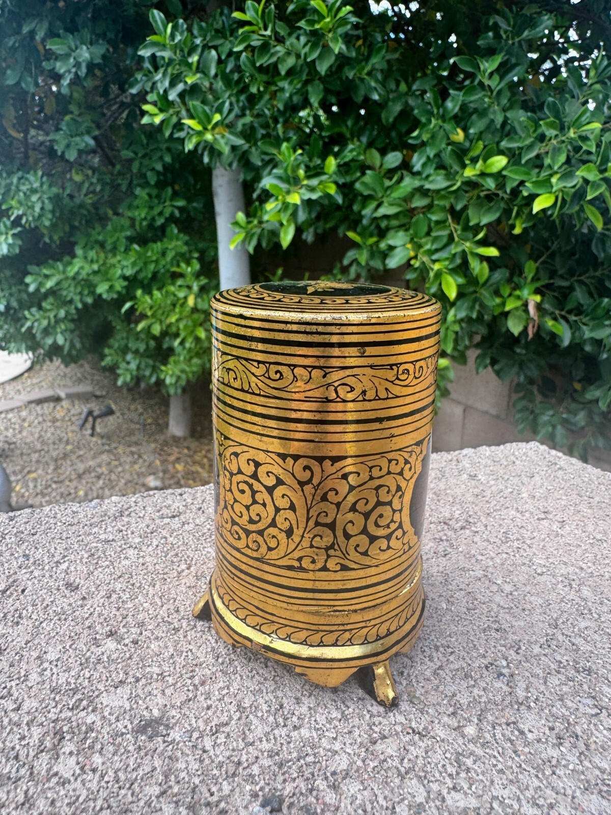Burmese Lacquered Betel Box & Ashtray Black Gold Leaf Design Trinket Box