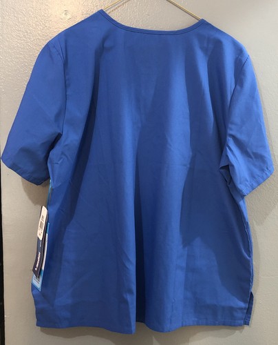 Landau Essentials Women's Relaxed Fit 4-Pocket V-Neck Scrub Top • Large • Blue - Picture 2 of 10