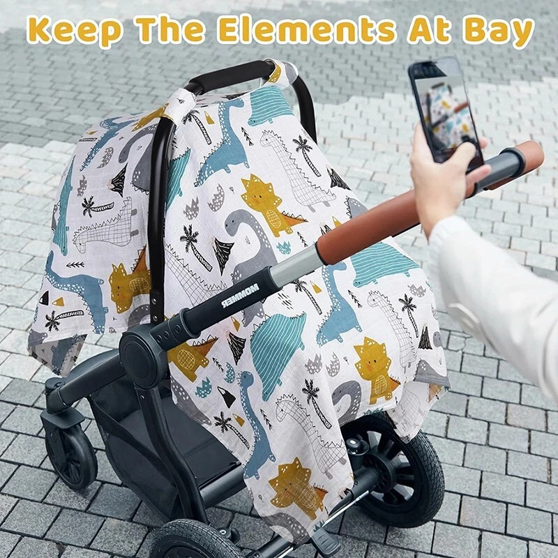 Baby Muslin Swaddle Blanket Cotton Car Seat Cover Sunshade Canopy Universal Fit - Image 3 of 4