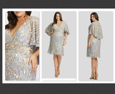 NWT  Mac Duggal  5191  Platinum Sequin Bead Embellished Cape Midi Dress Size 16W