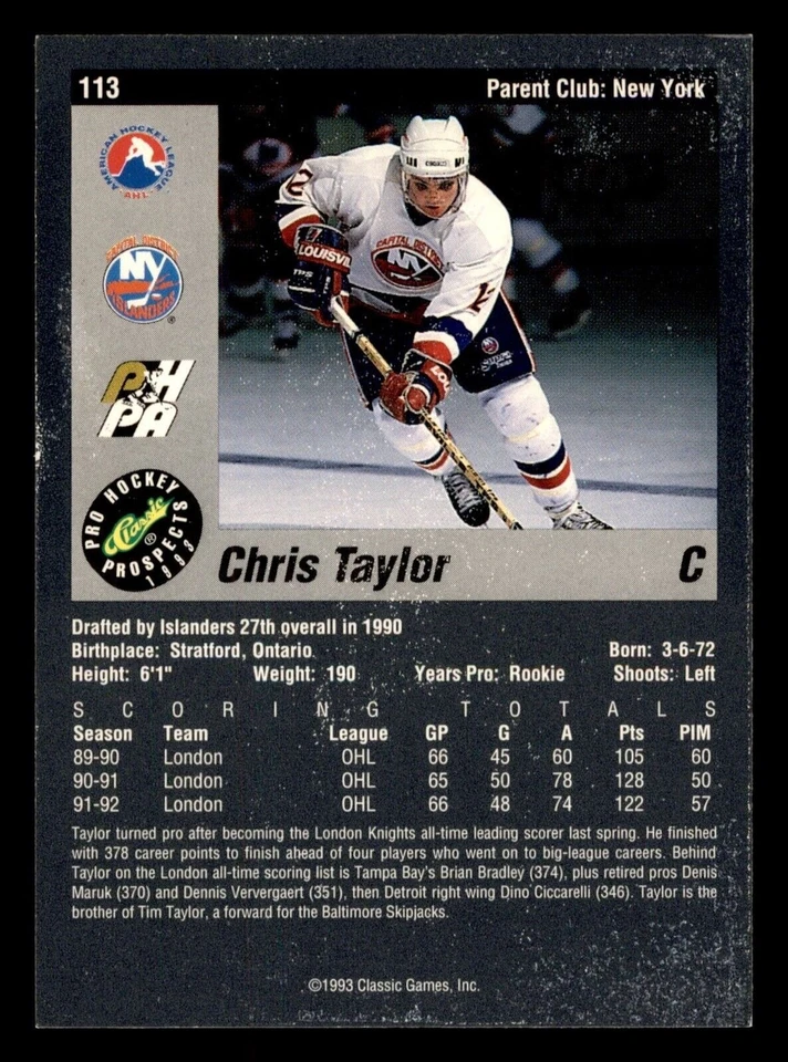  1993 Chris Taylor 113 Islanders 12 Classic Games Hockey Sports Trading Card  - Image 2 of 2