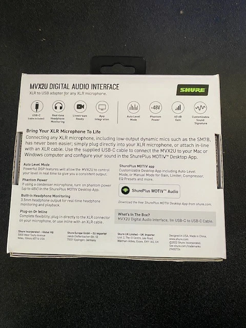Shure MVX2U XLR-to-USB Digital Audio Interface New in box - Image 2 of 2