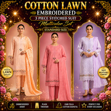 Embroidered 3 Piece Cotton Lawn Stitched Suit For Ladies