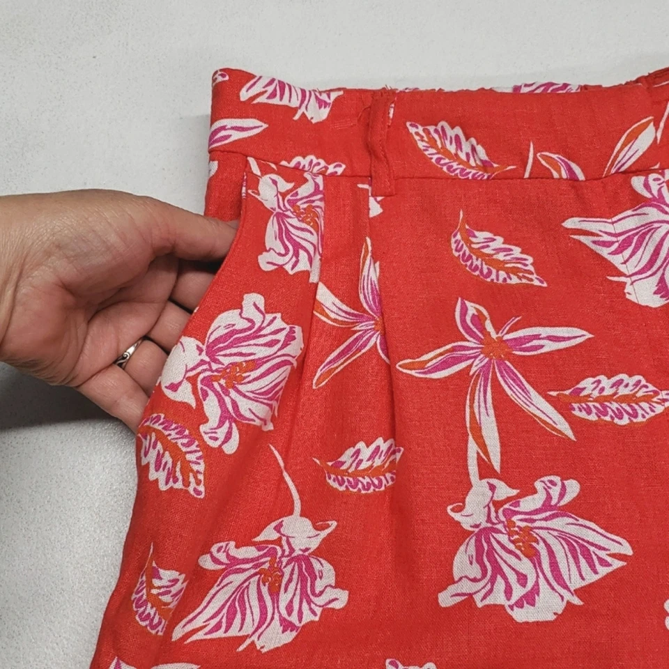 Joie Linen Shorts Women's 12 Pleated Front Floral Orange Vacation Spring Summer - Image 3 of 4