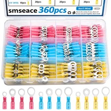 smseace 360PCS Heat Shrink Ring Terminals 10 1/4" 5/16" 3/8" 22-16AWG Marine