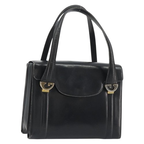 GUCCI Hand Bag Leather Black Gold Auth 189492