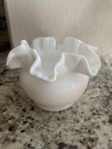 Fenton Milk Glass Cupped Double Crimped Flared Vase - Vintage