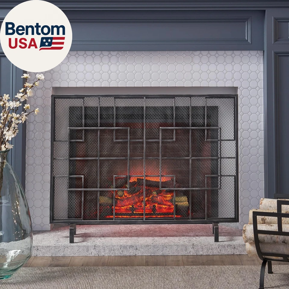 Pantalla de chimenea de 1 panel, protector de chispas de fuego de hierro ligero para sala de estar, mod Foto 3 de 4